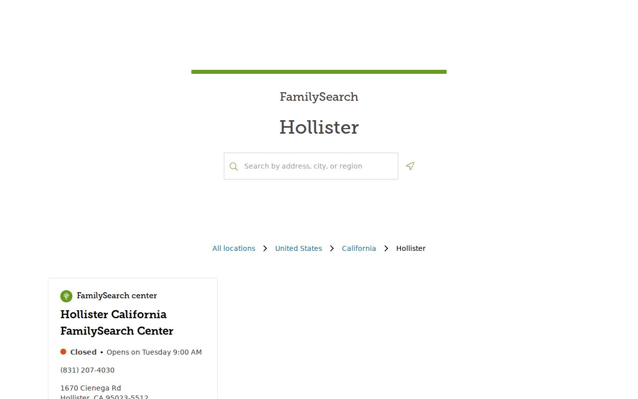 Hollister city directory FamilySearch Center access
