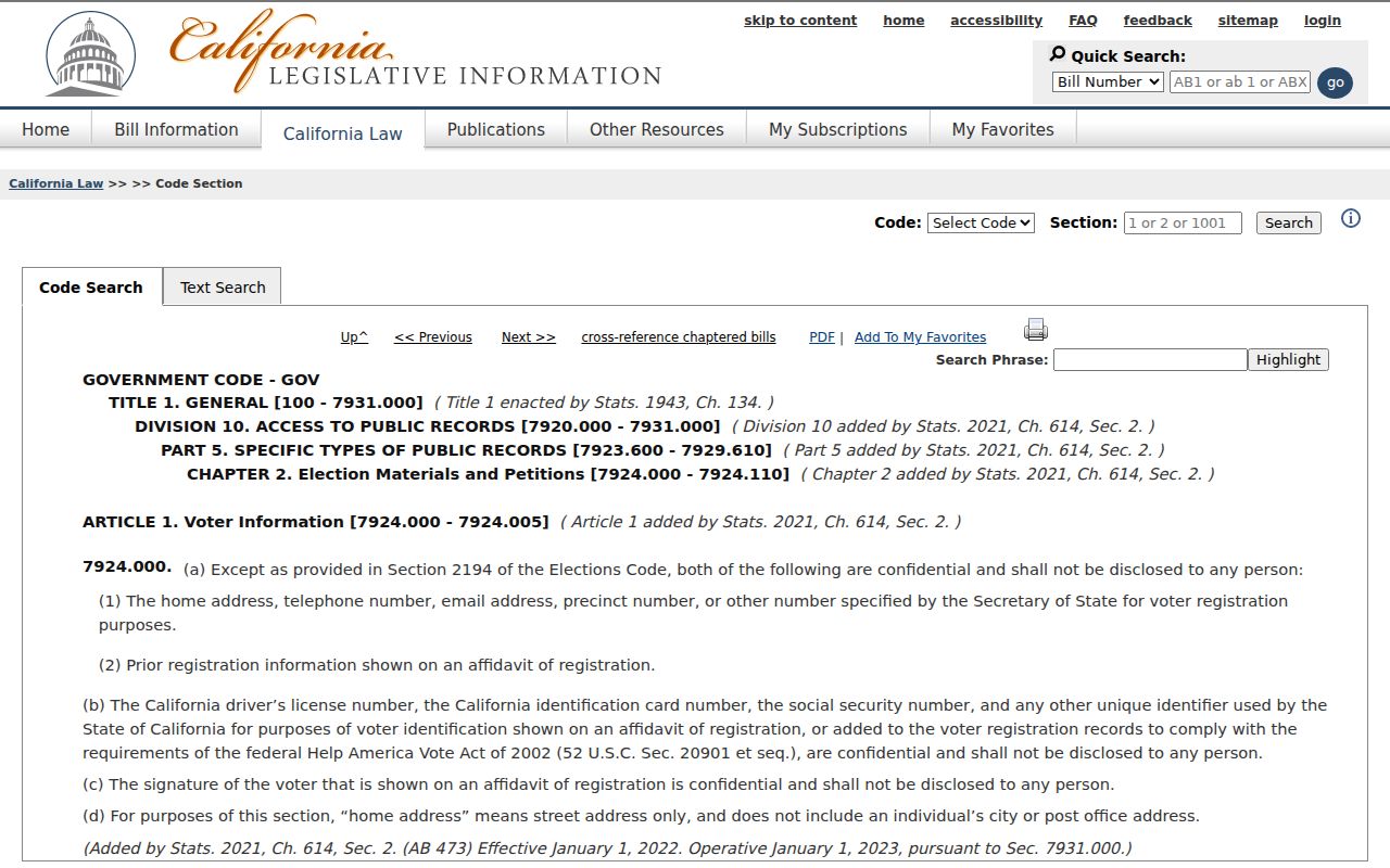 Hollister neighbors, California voter information confidentiality law